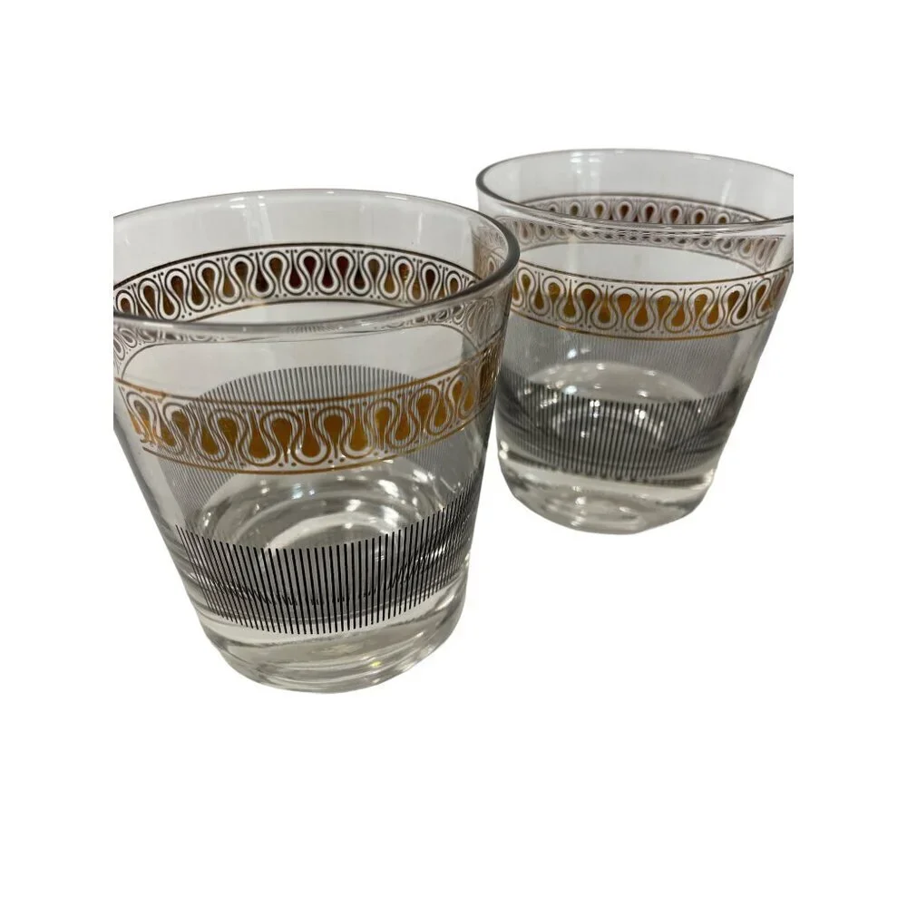 Rocks Glass‎ Dominion Gold Swirl Black Line MCM Vintage SET OF 4